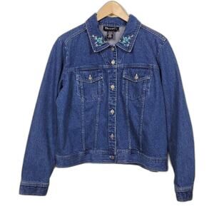 Denim & Co Boho Denim Jacket Womens Size M Blue Floral Embroidered Collar Cotton